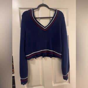 Lovers and friends 
Navy V-Neck Sweater with Red and White Accents